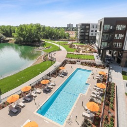 Resort-style swimming pool with lounge seating