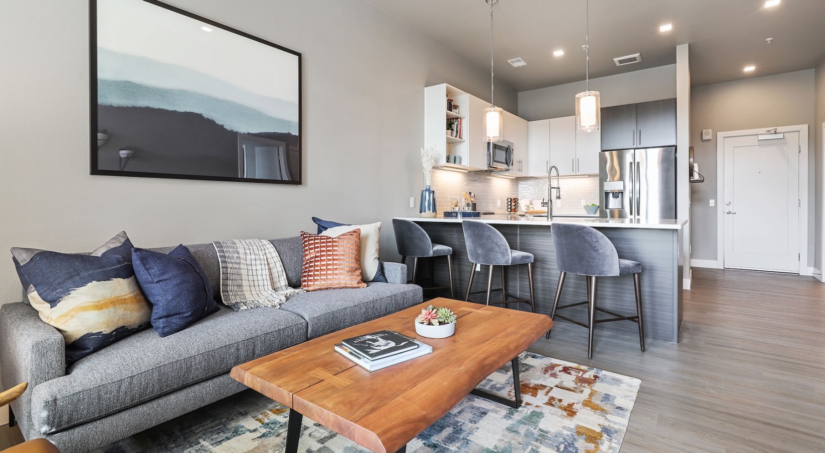 a living room with a couch and a coffee table